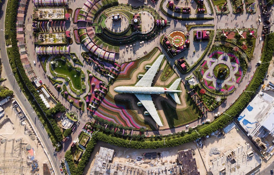 Colorful aerial shot of Dubai Miracle Garden showcasing airplane made of flowers